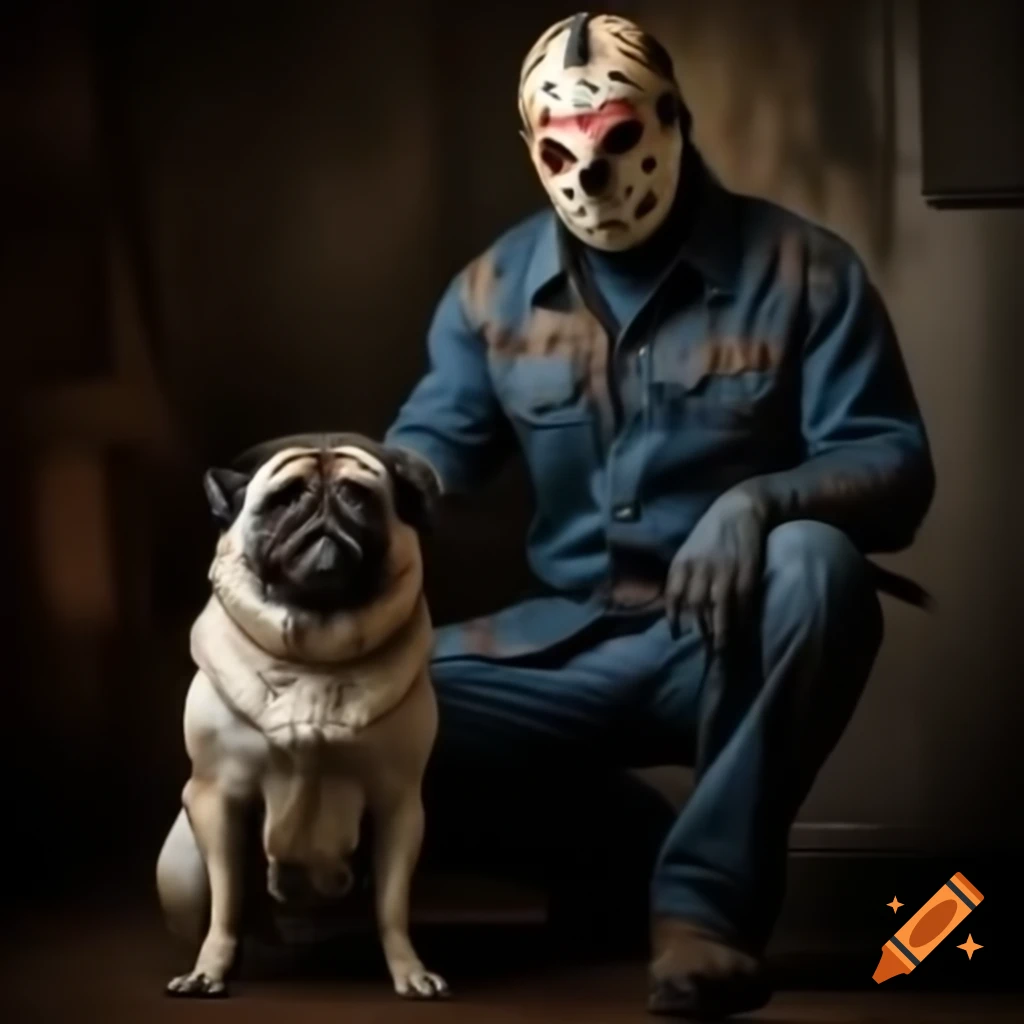 Jason Voorhees character interacting playfully with a pug