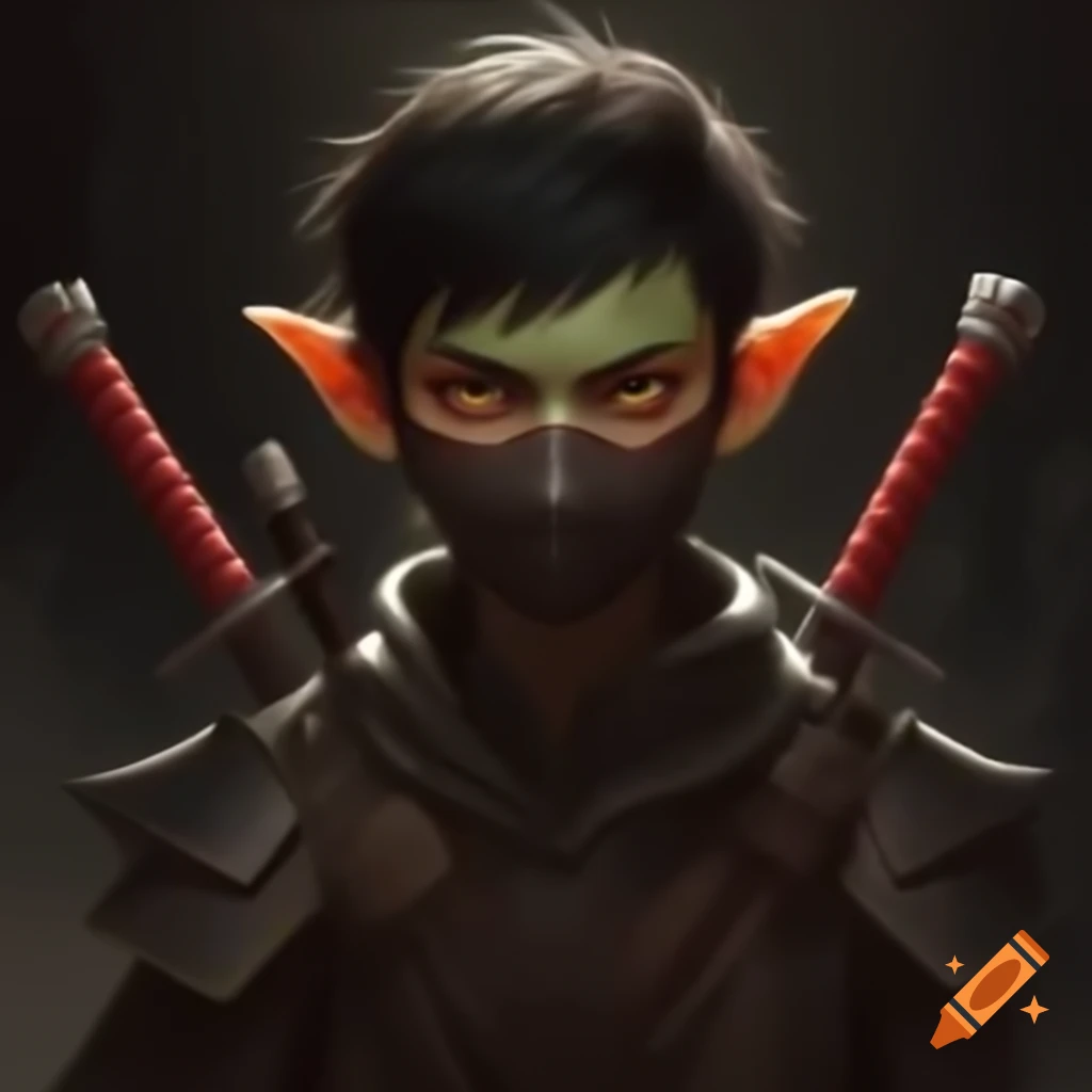 Goblin rogue with short hair and red daggers, wearing a ninja mask