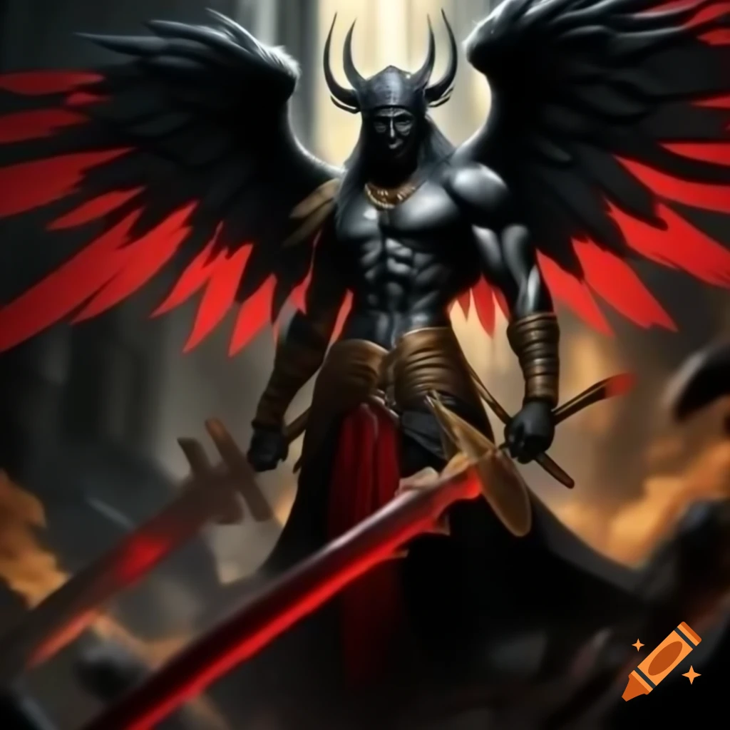 Black lycan with red stripes and angel wings holding greatsword, surrounded by golden aura