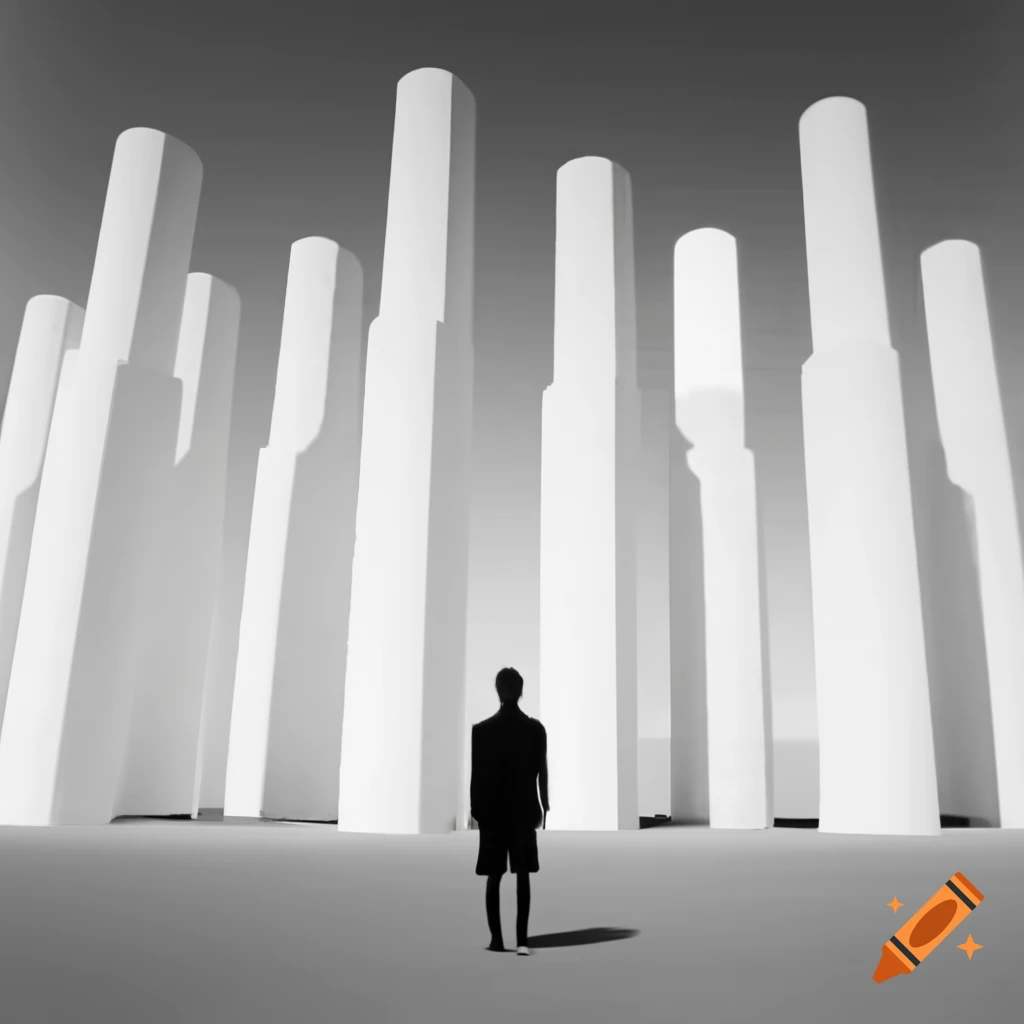 Faceless man in shirt and black necktie with tall white buildings in black sky, album cover design