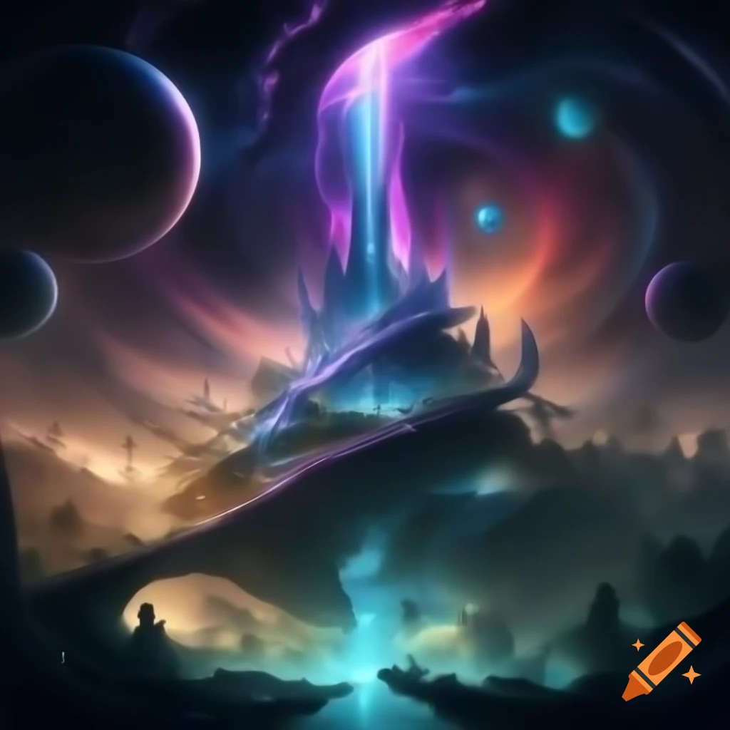 Surreal cityscape in alternate dimension with liquid rainbow sky