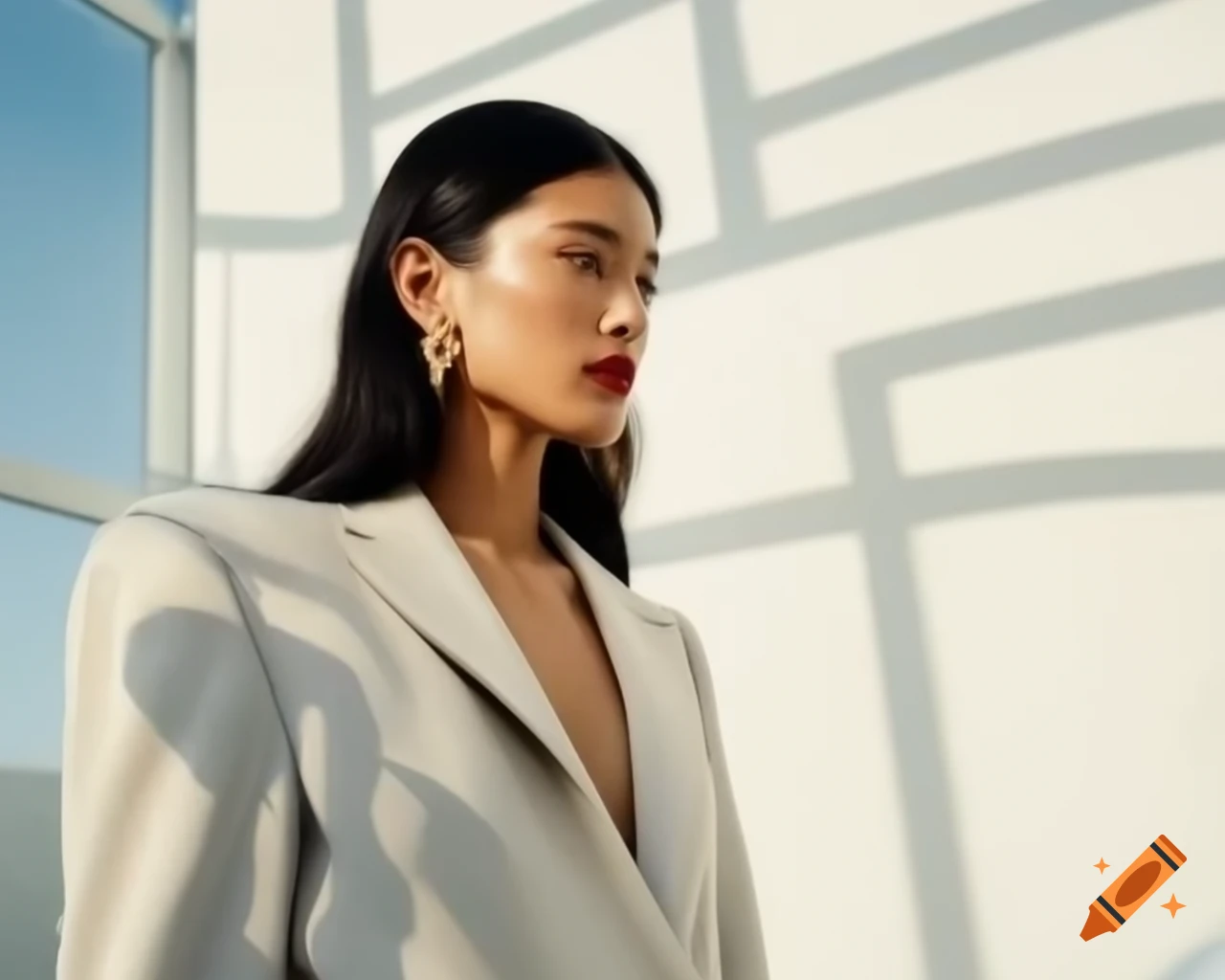 Fashion editorial featuring woman in designer blazer against futuristic wall