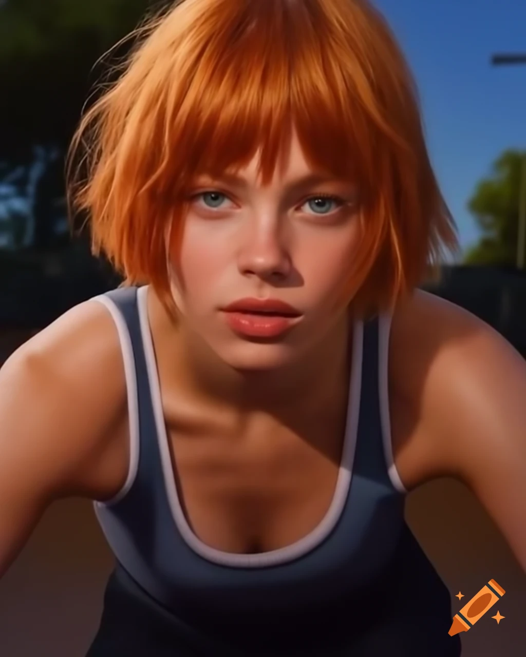 Pixel art of blushing French female skater in tank top at skate-park