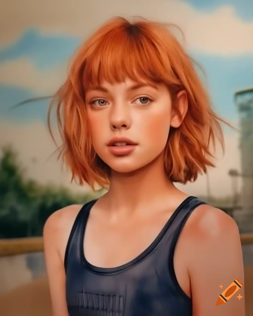 Yandere french female skater with ginger hair in tank top at skate park ...