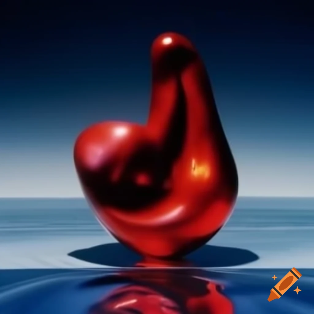 Pop surreal photography featuring iridescent red glass statue