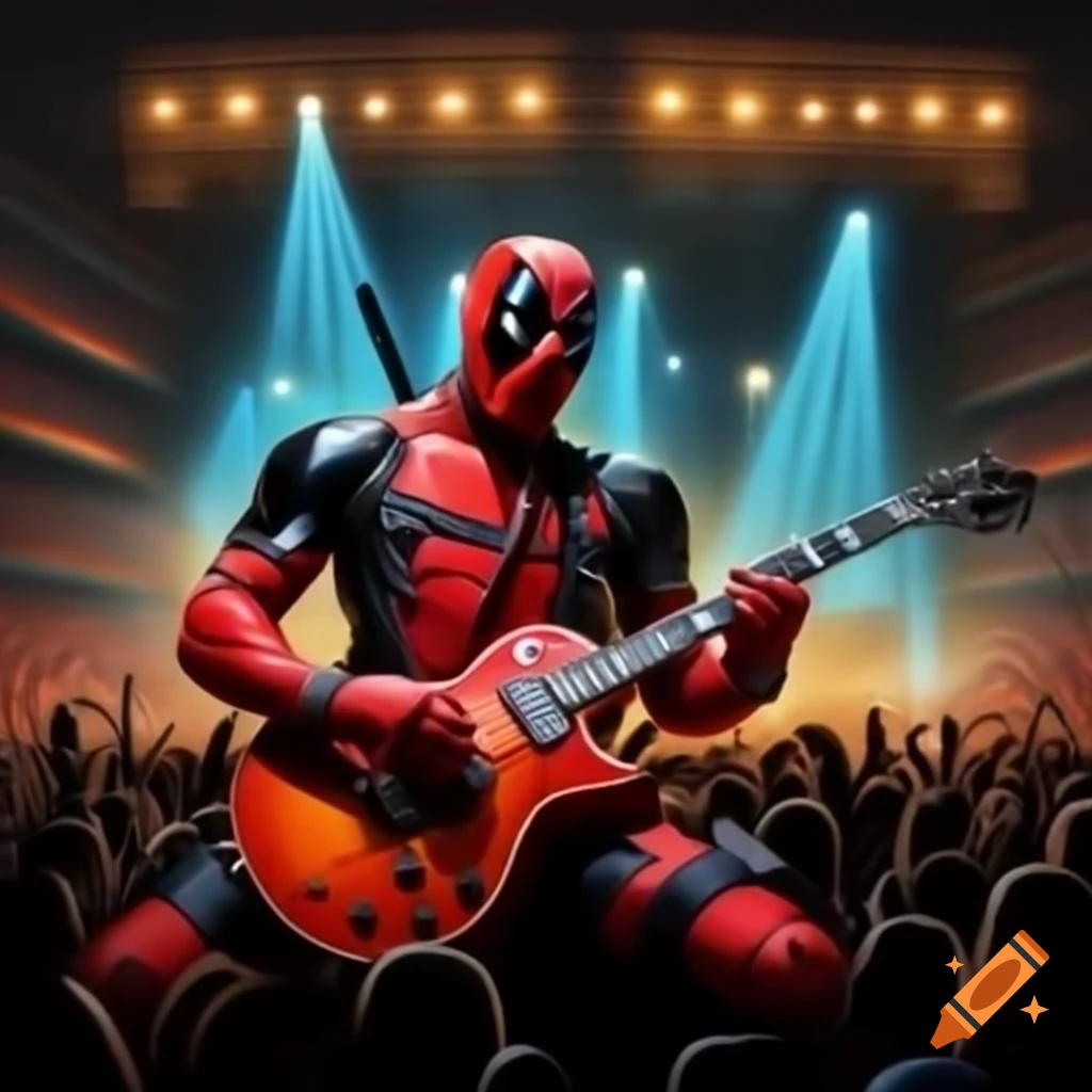 Caricature of rock star in Deadpool costume playing guitar on stage with crowd