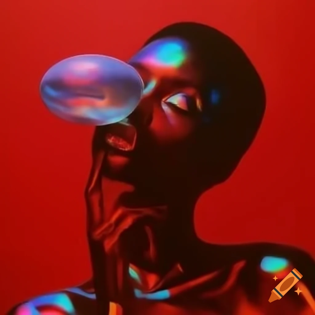 Pop surreal photography featuring iridescent red glass statue
