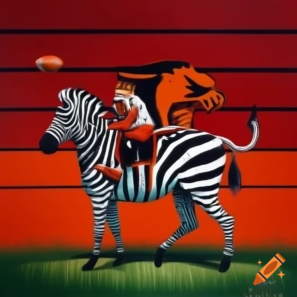 Zebra with bold stripes and red field, symbolizing strength and sportsmanship