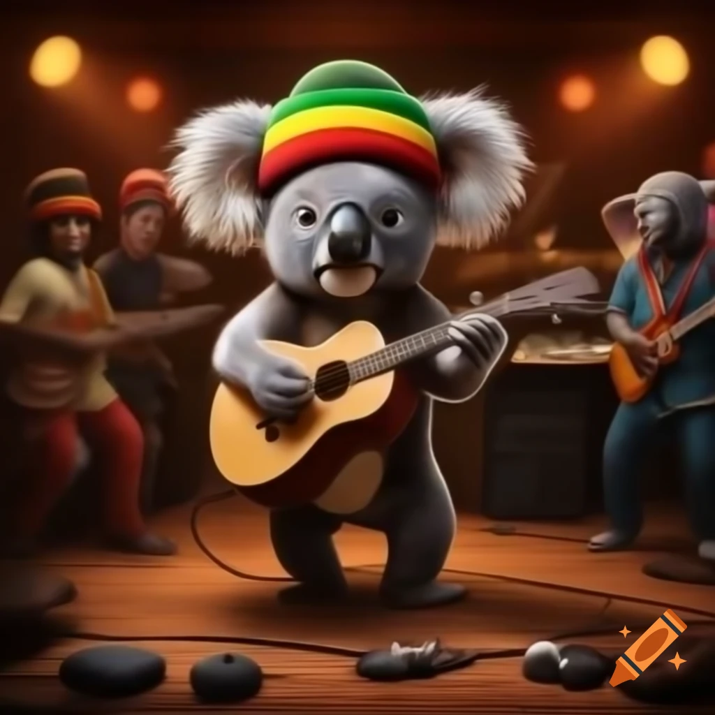 Cartoon rasta koala playing reggae music in recording studio with band