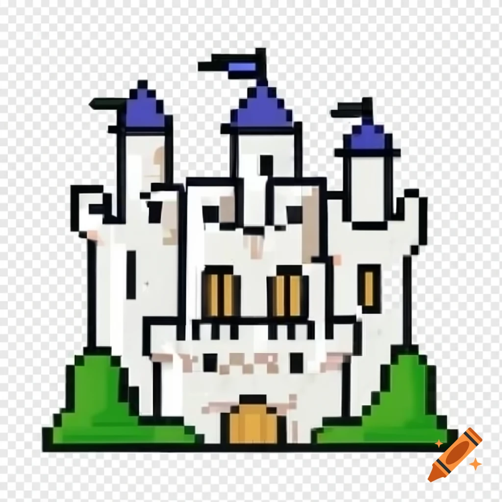 Pixel art of a white Scottish architecture castle on transparent background