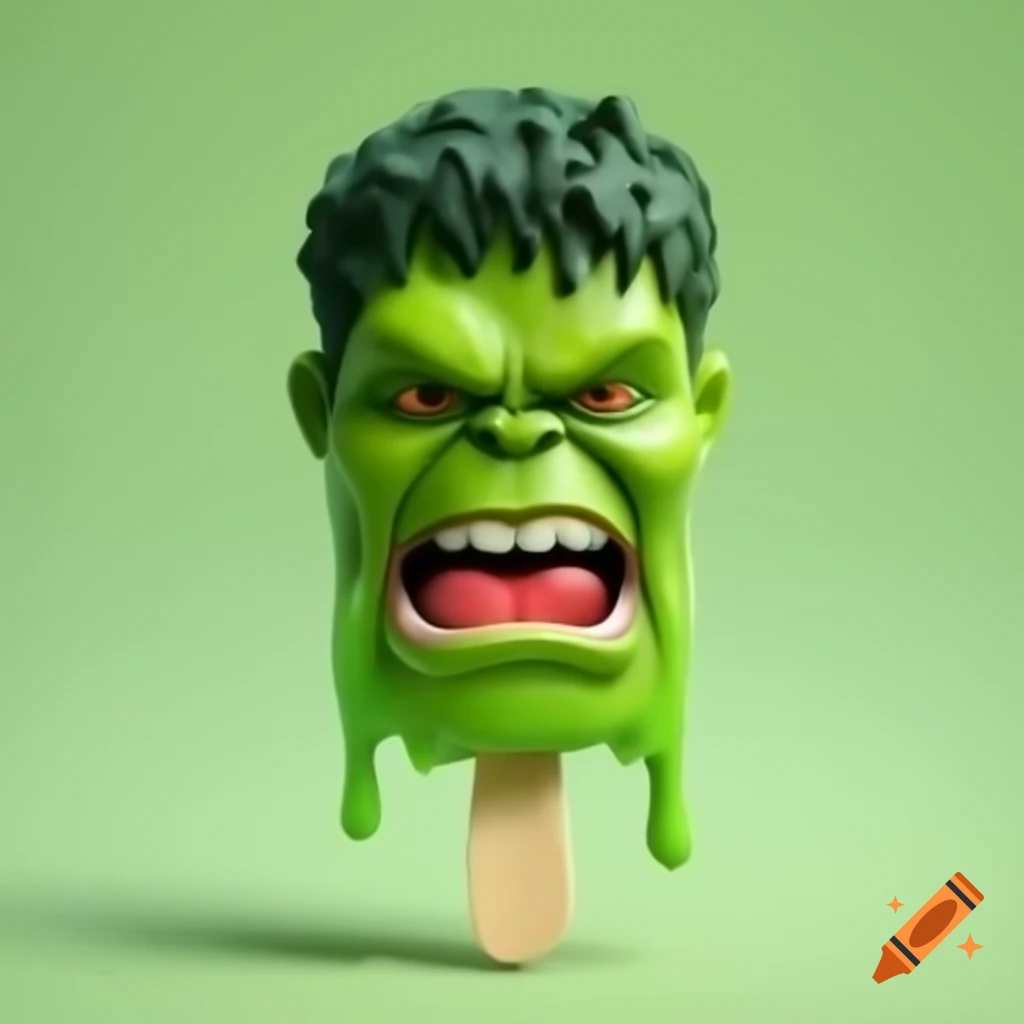Realistic caricature of green melting hulk head on popsicle stick