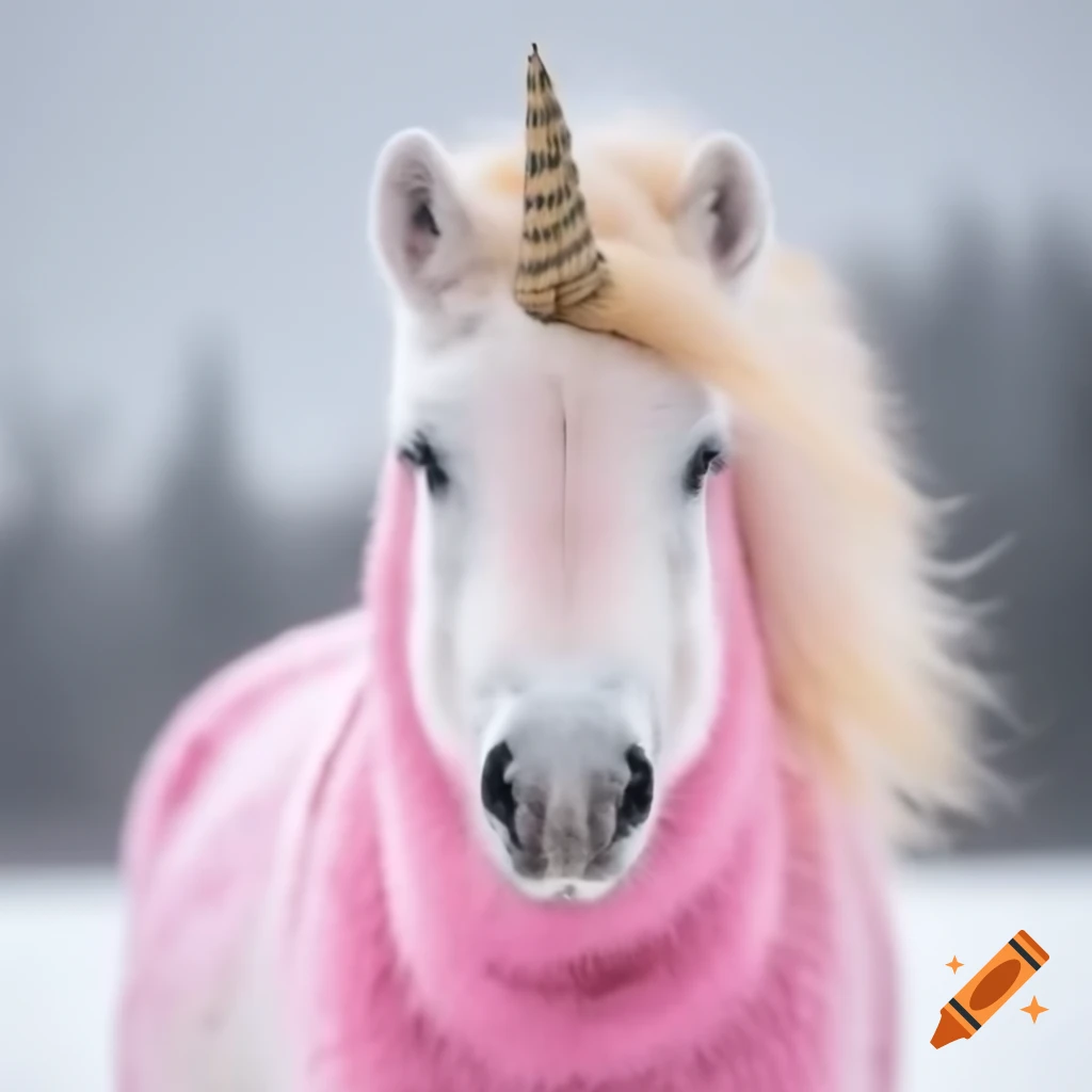 Majestic unicorn with sparkling pink coat in snow