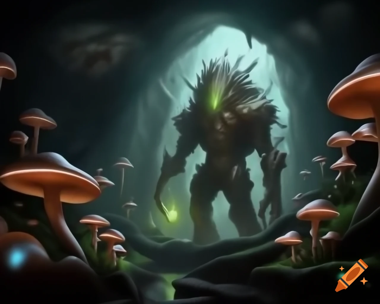 Cyborg facing luminescent creature in cave filled with glowing mushrooms