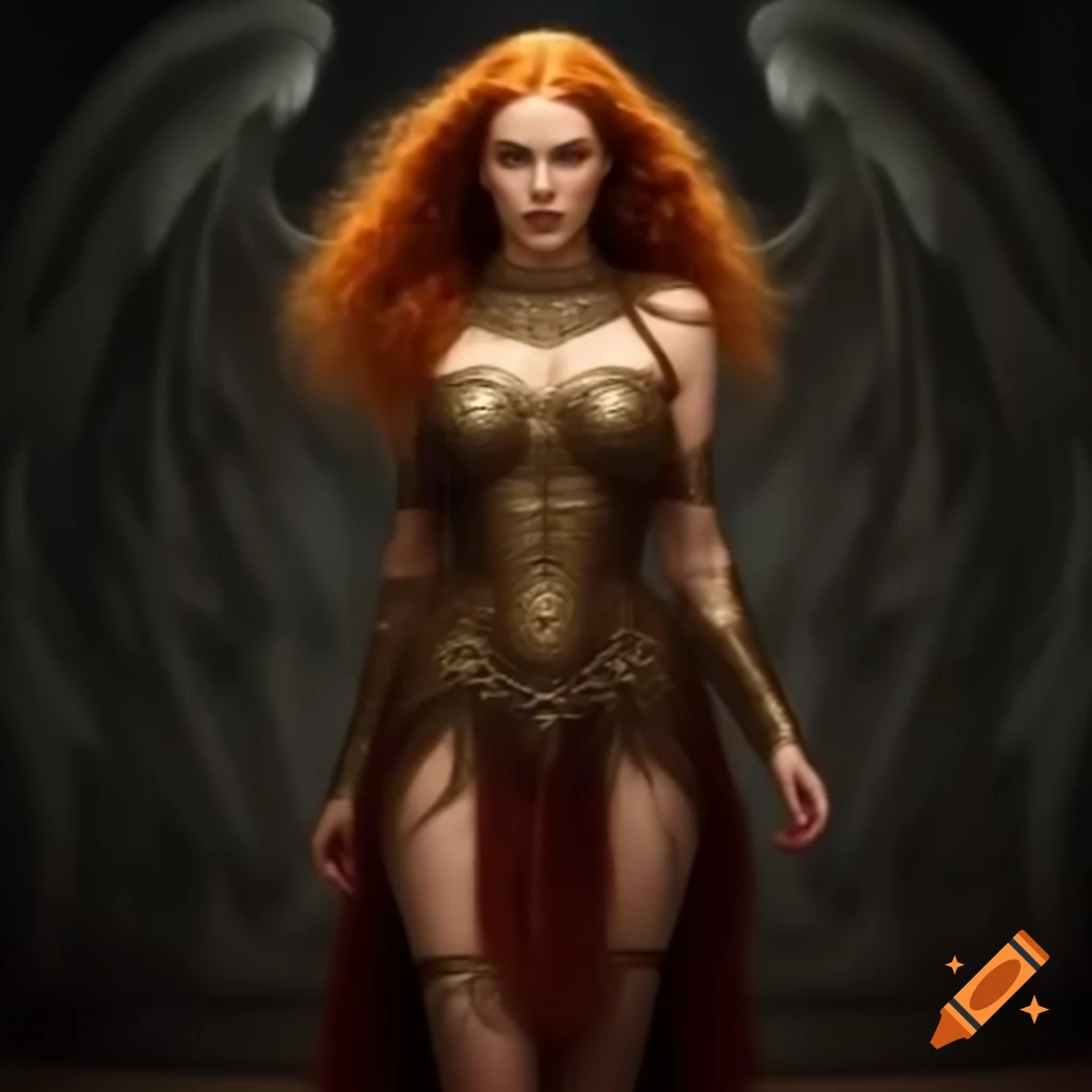 Full-body Halloween costume of a redheaded woman as Nordic goddess Freya