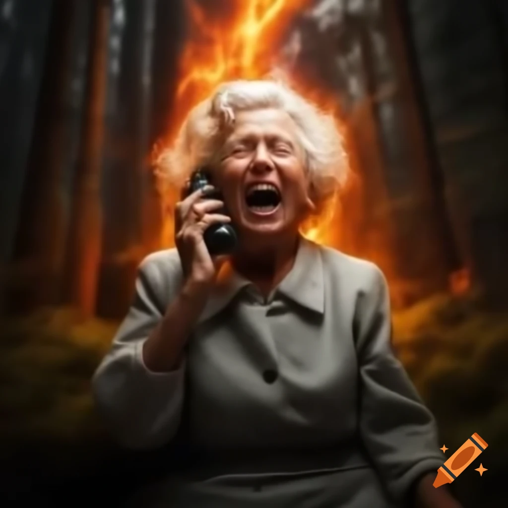 Old lady using landline phone in forest with lightning bolt