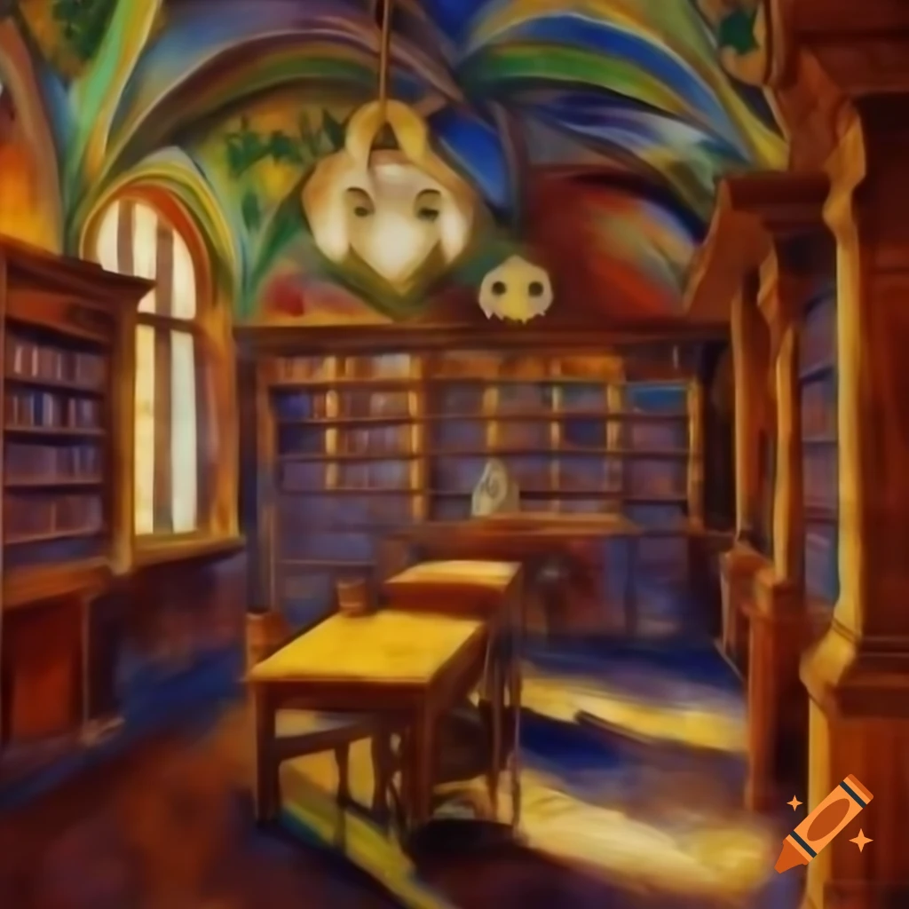 Renoir style oil painting featuring oriental library bookshelves