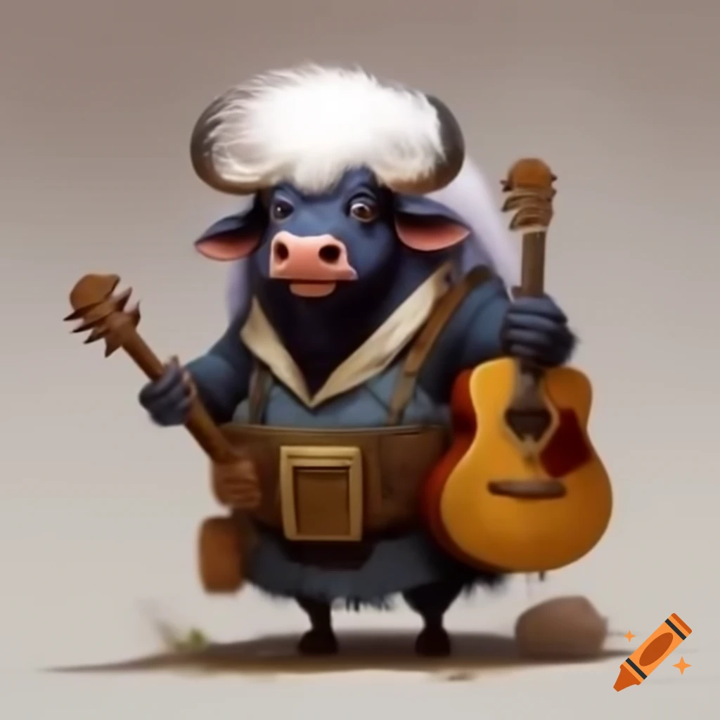 Buffalo with white long hair laughing and holding a guitar