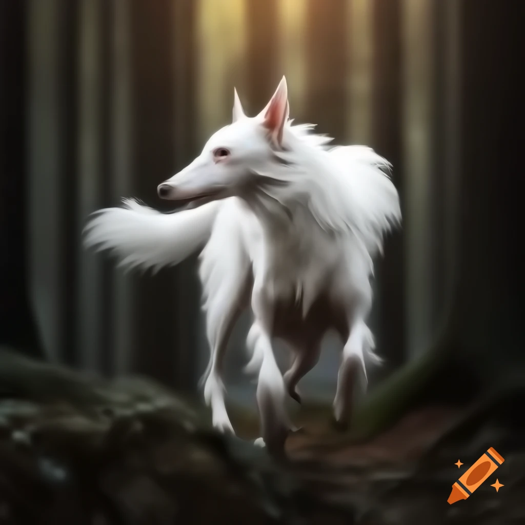 Elegant white borzoi dog strolling in mystical forest, looking at the camera