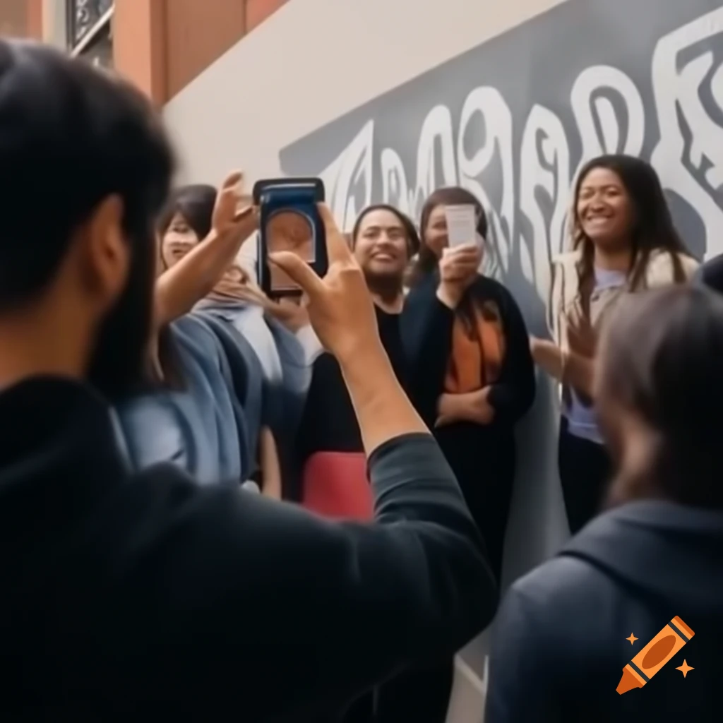 University students taking a selfie in front of a colorful mural