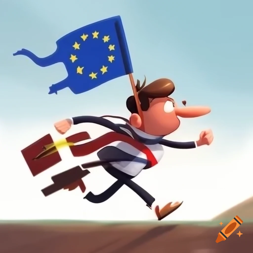 Character resembling European flag running holding forms
