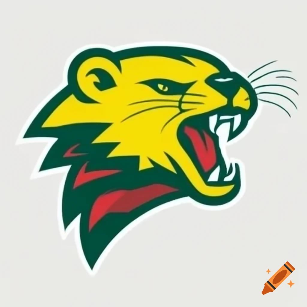 American football logo featuring a weasel mascot in bright yellow, Pine green, and bright red