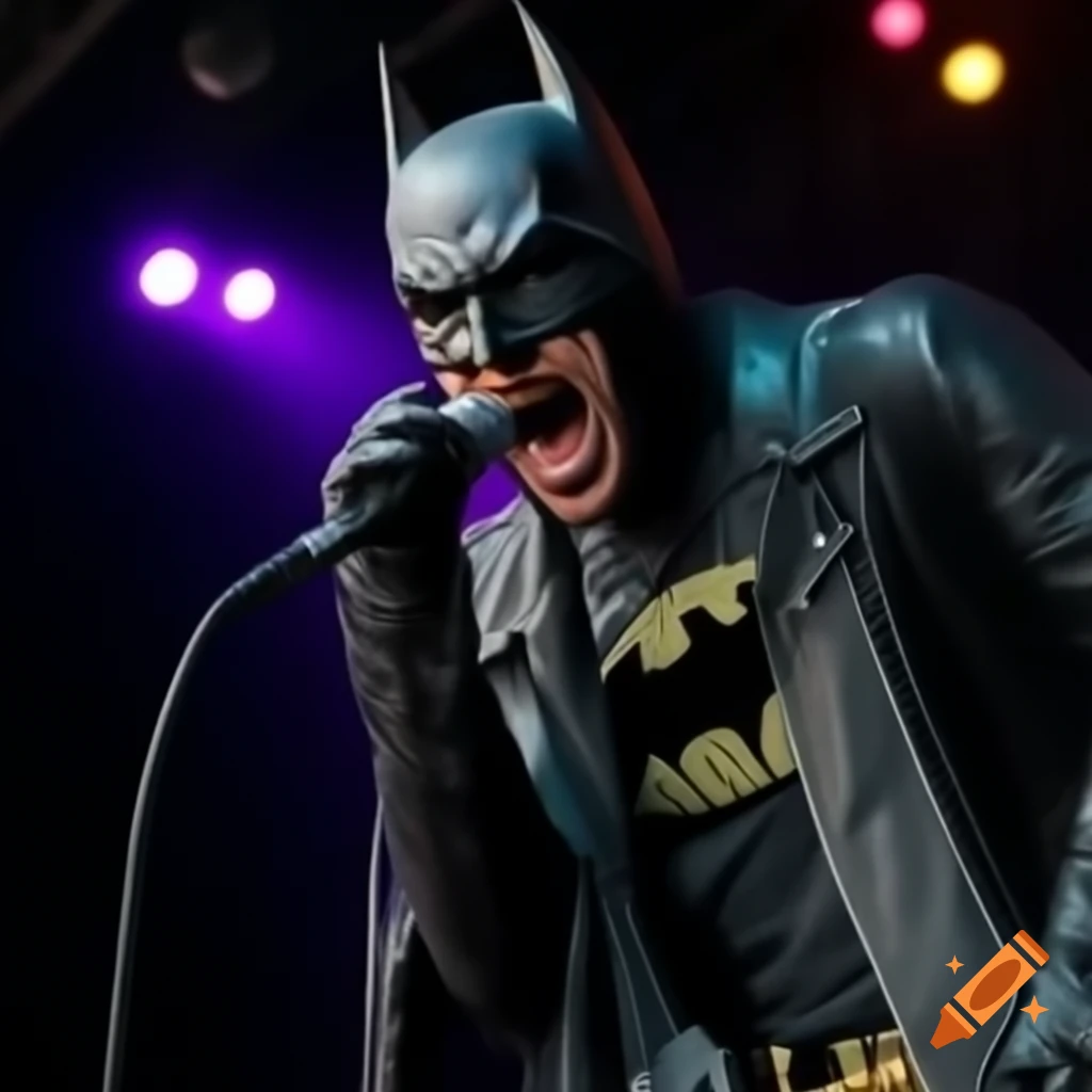 Lead singer dressed as Batman screaming into microphone at a rock concert