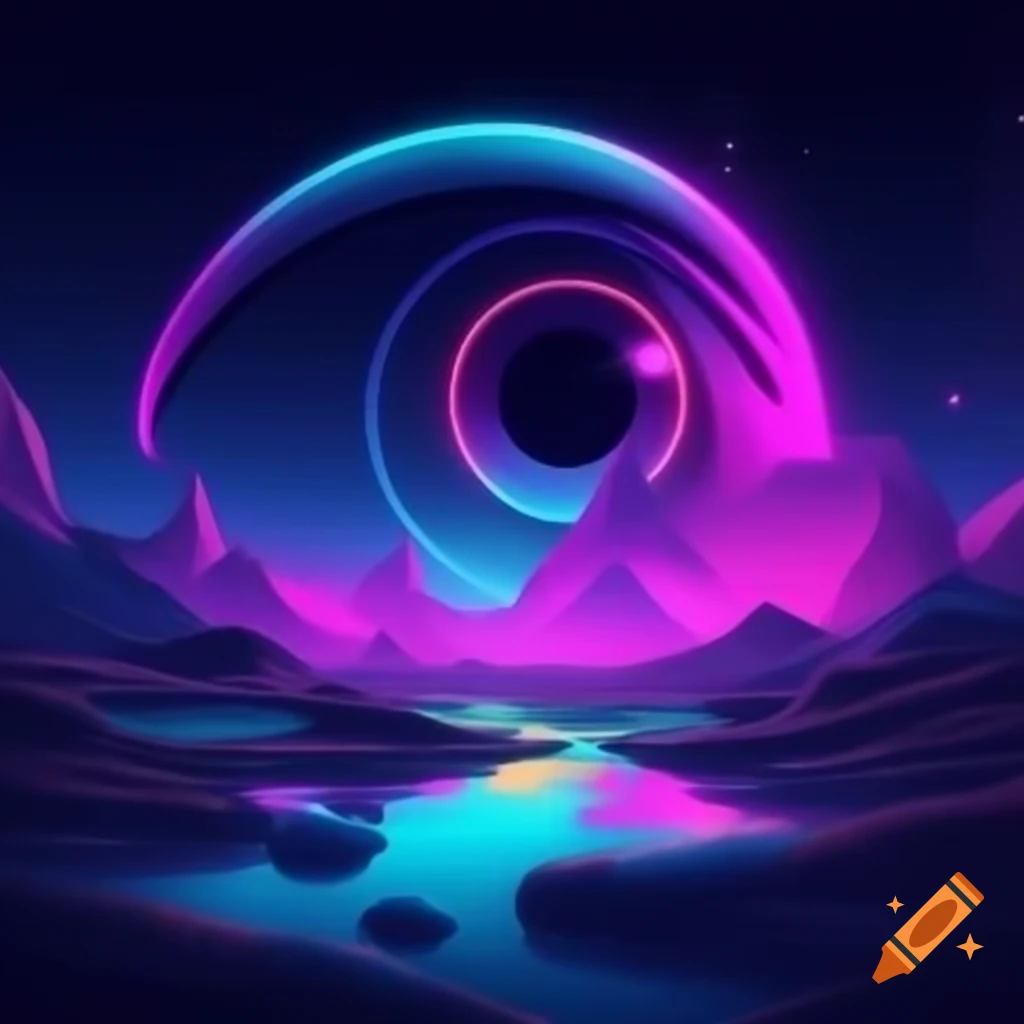 Futuristic party scene in synthetic landscapes with neon colors, cartoon style