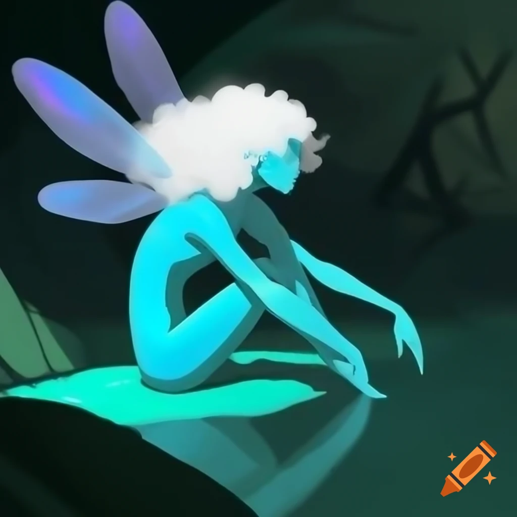 Androgynous figure with dragonfly wings and bioluminescent colors