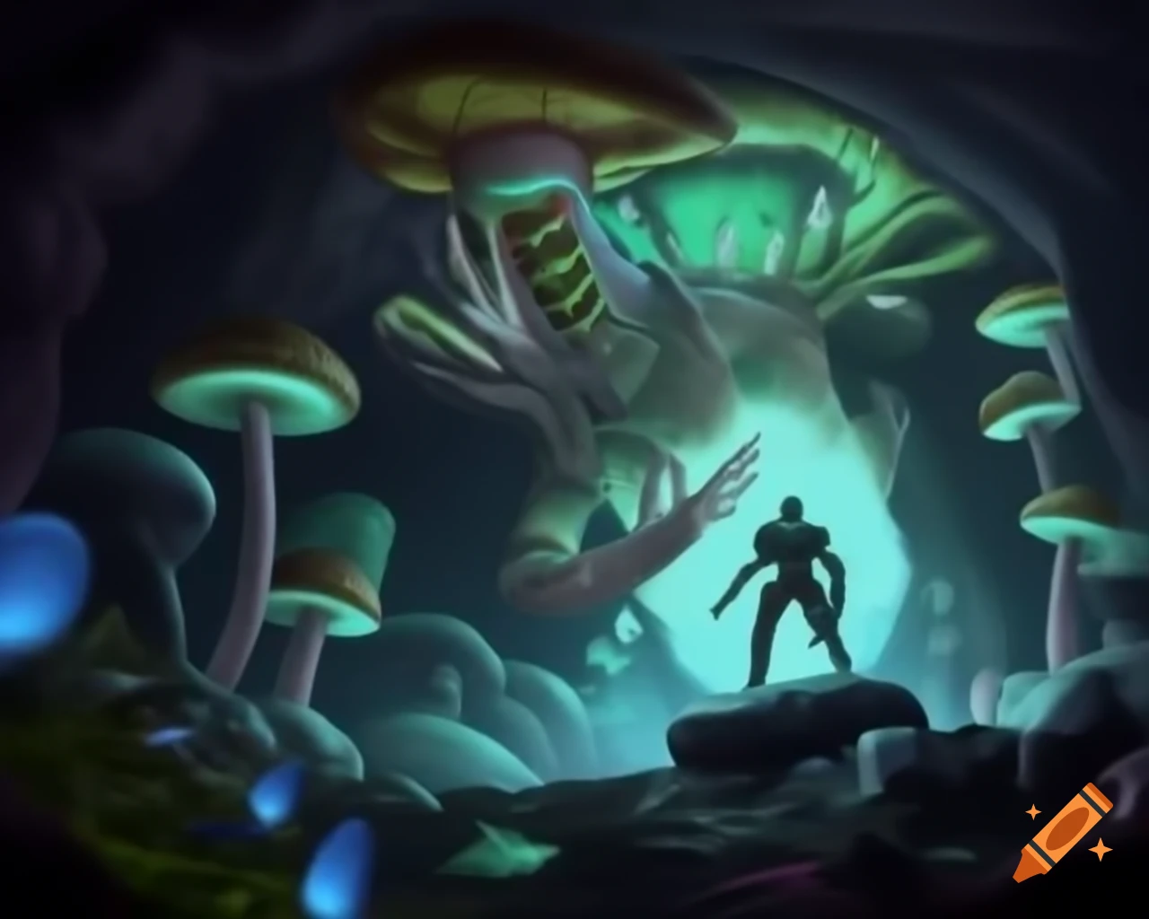 Cyborg facing luminous creature in cave with giant mushrooms