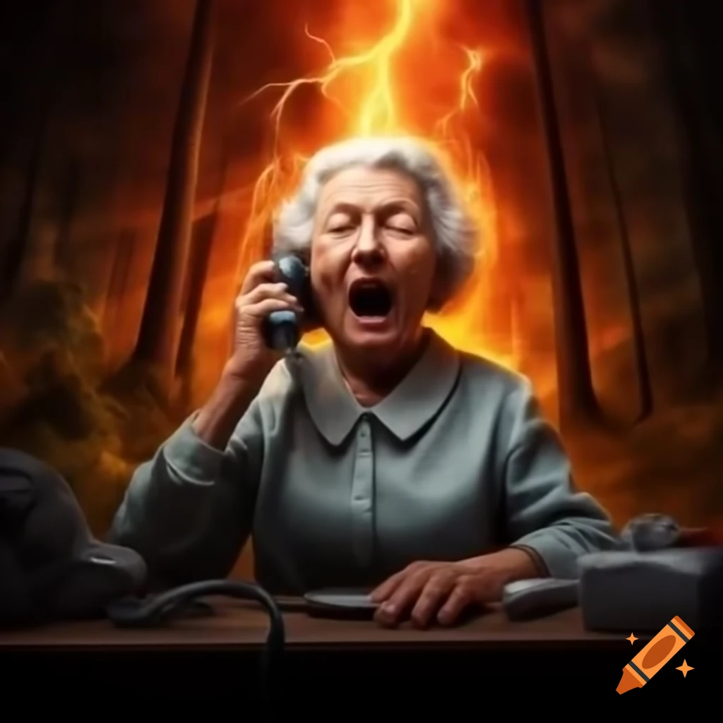 Old lady using landline phone in forest with lightning bolt