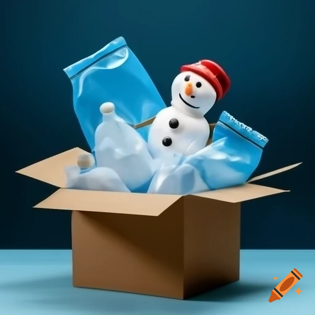 Snowman observing brown box filled with blue plastic bags