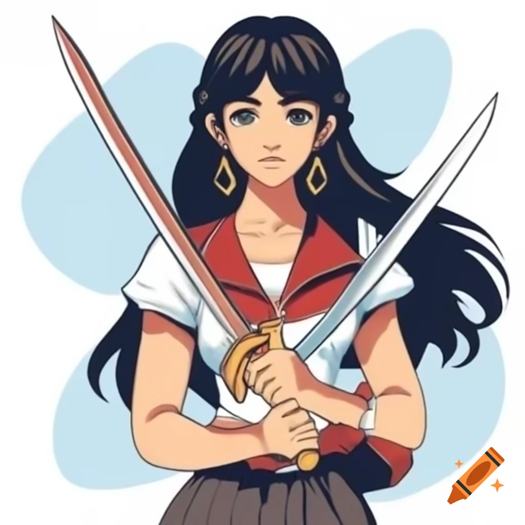 Young woman with long black hair holding sword in 1980s retro anime style