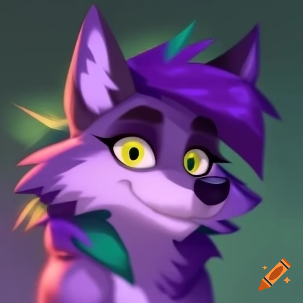 Friendly anthropomorphic wolf with purple and green hair