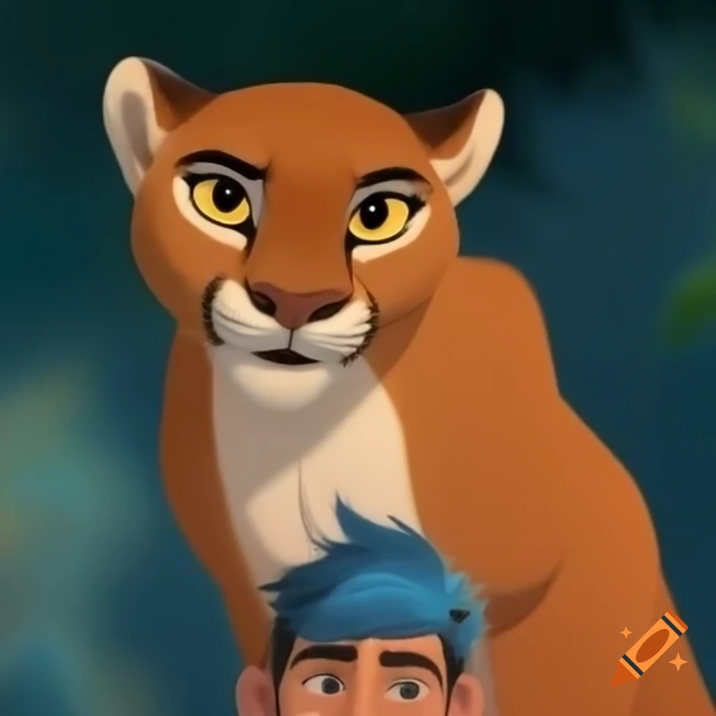 Cougar on blue-haired man's back, both smiling