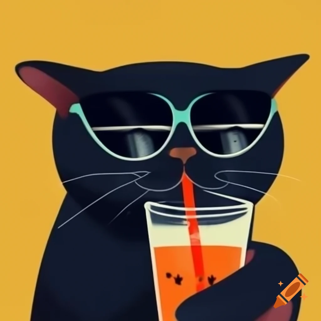 Cartoon black cat wearing sunglasses drinking a beverage