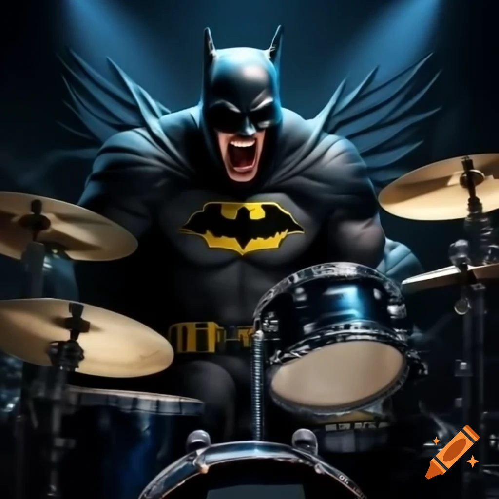 Batman playing drums at rock concert under spotlight, wide angle view