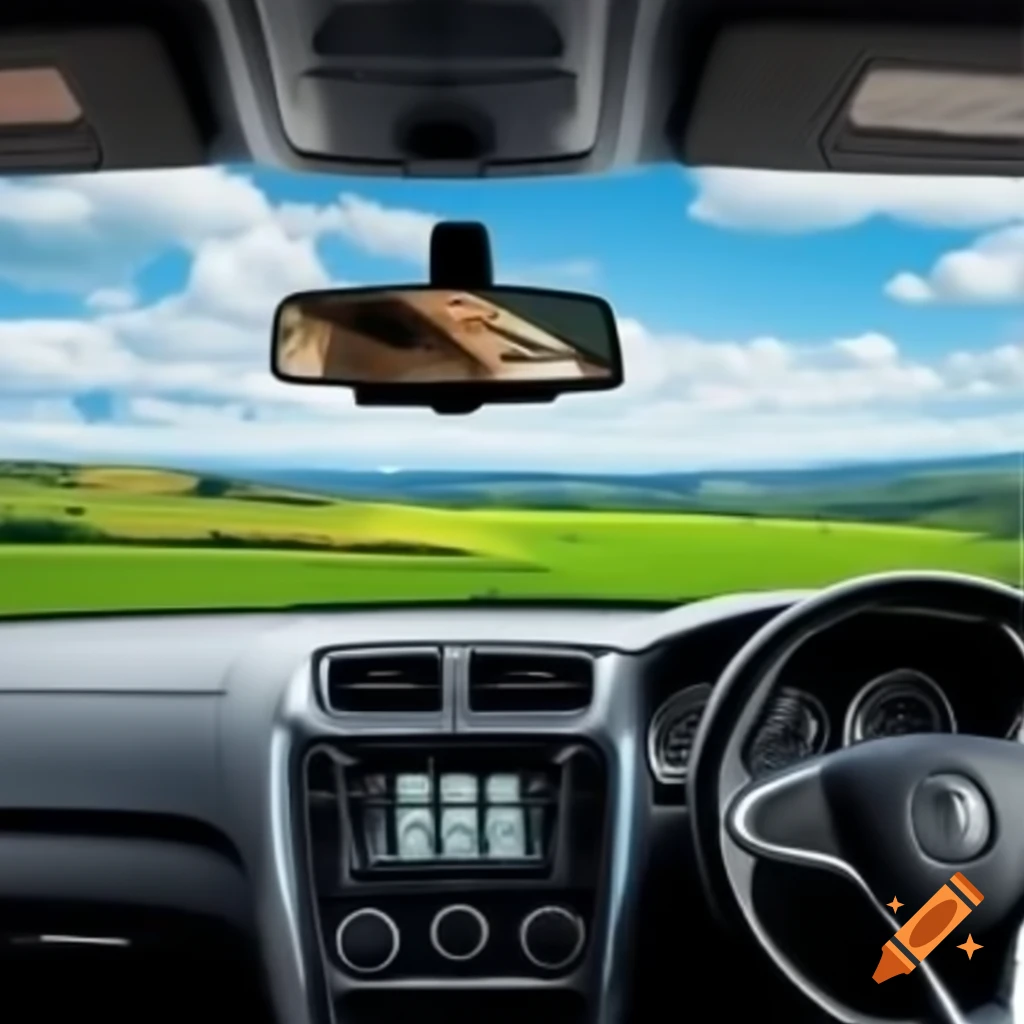 Sleek car interior with panoramic windshield displaying scenic landscape