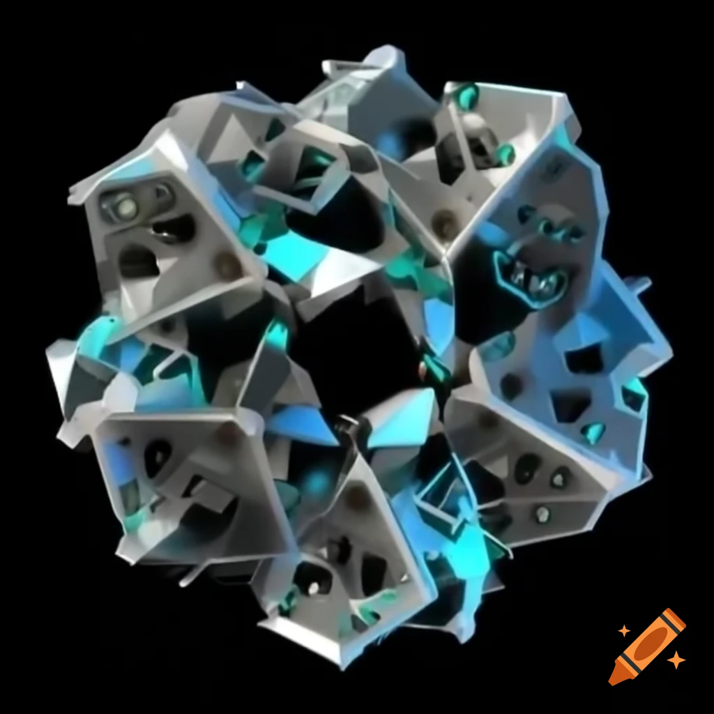 Futuristic artifact made of glowing semi-transparent alloy shaped like polyhedron with levitating components