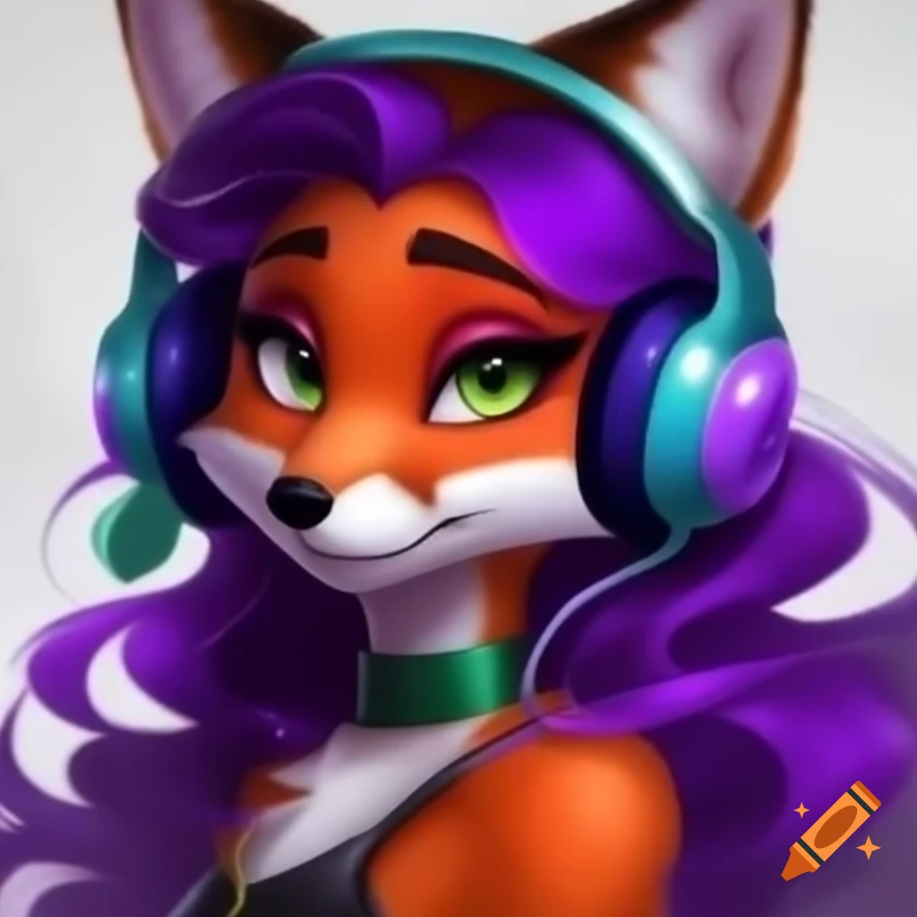 Disney-style fox woman with nine tails, purple and green hair, wearing headphones