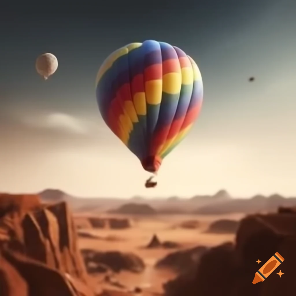 Colorful hot air balloon flying over planet Mars