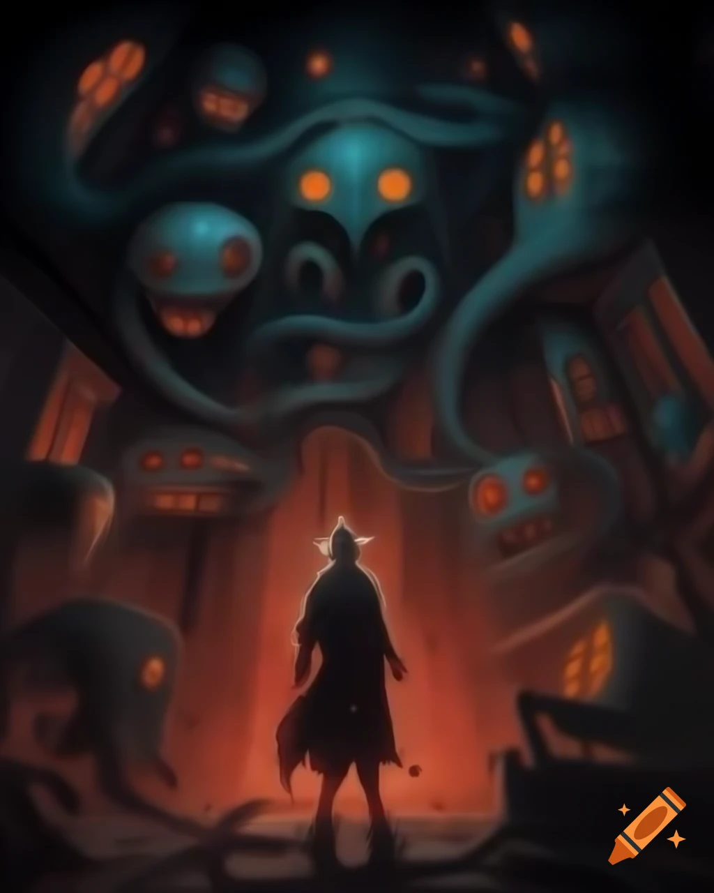 Surreal shadowy cityscape glowing with otherworldly light from fantastical creatures