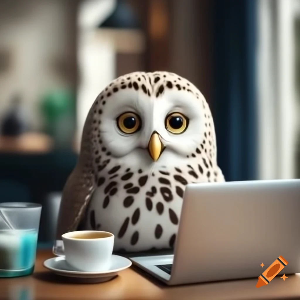 Owlet working on laptop while drinking coffee