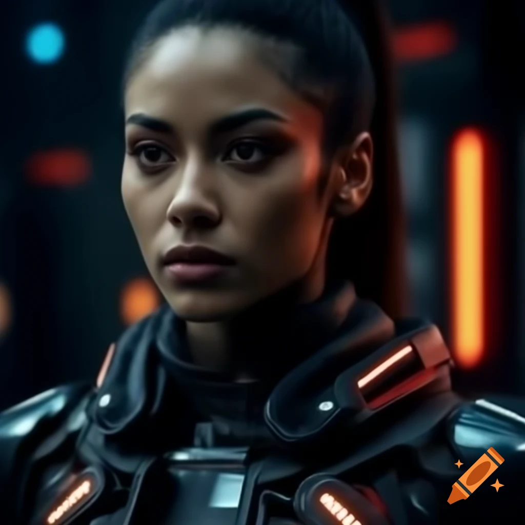Photorealistic futuristic latino female rebel character