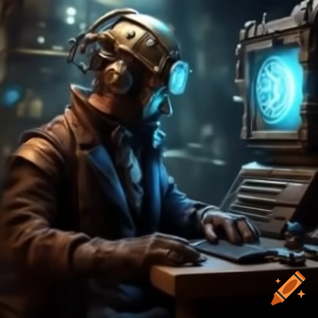 Steampunk engineer programming a computer