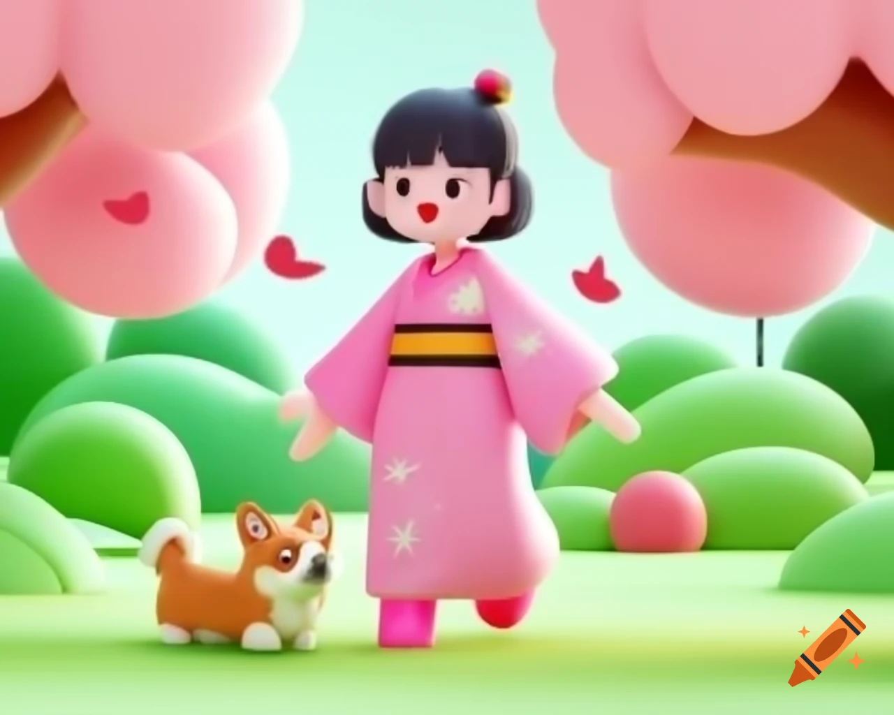 Woman in pink kimono walking corgi in colorful park with falling pink leaves