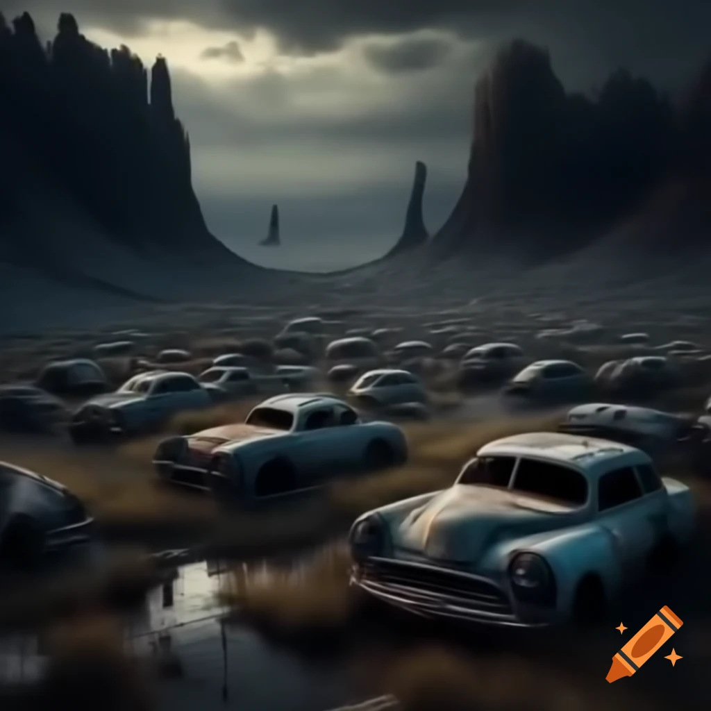 Ghosts in dark car junkyard at night with possessed car