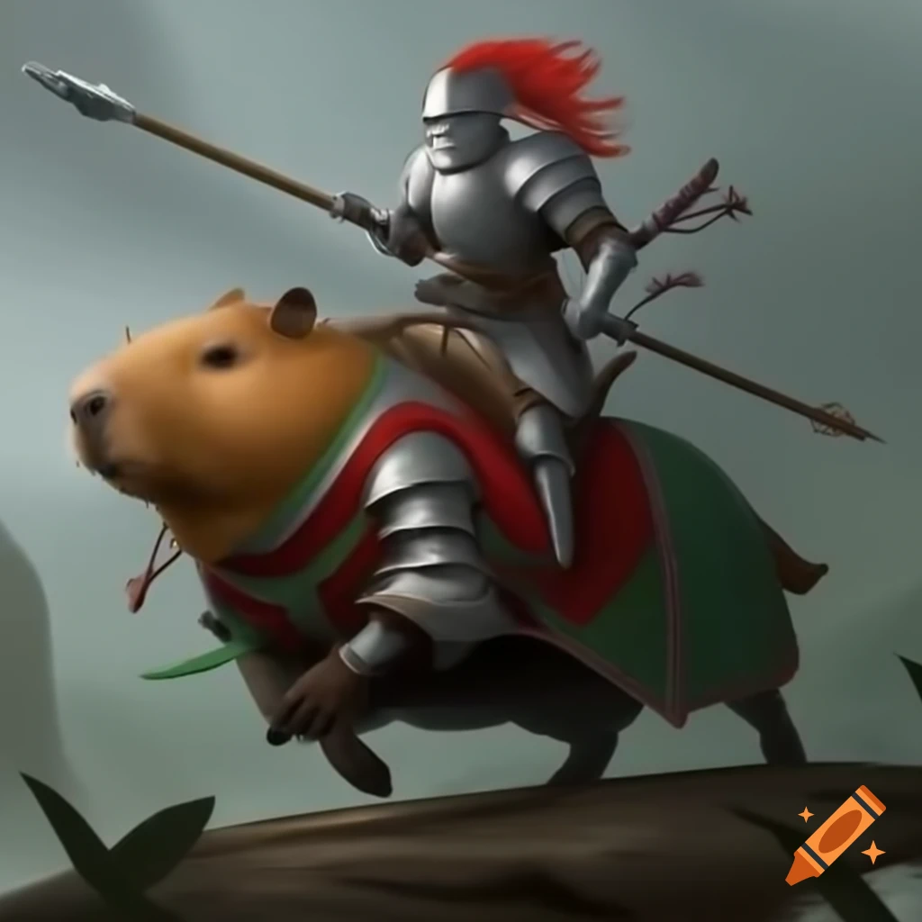 Fierce knight riding large capybara with a spear in hyperrealism style