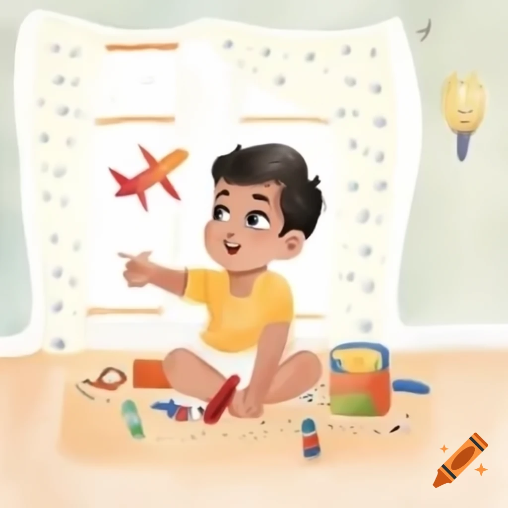 Indian boy playing with toy airplane in his room, watercolor drawing