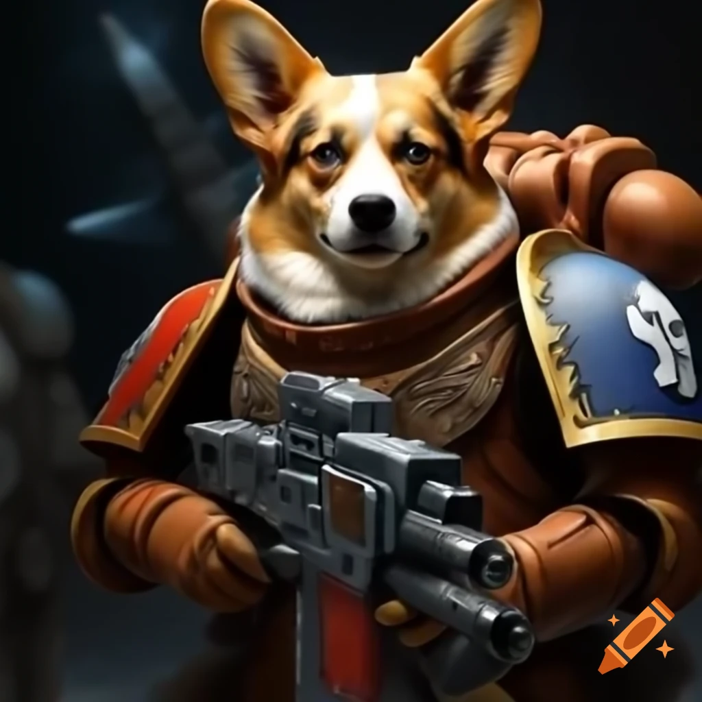 Corgi in Power Armor with bolt pistol, photorealistic Warhammer 40,000 style