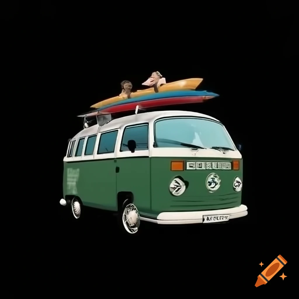 VW T2 bus with surfboard on roof against black background in summer colors